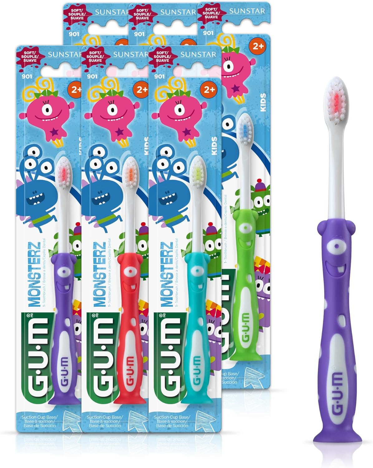 GUM Monsterz Kids Toothbrush for Children & Toddlers, Soft Bristles with Suction Cup Base, Ages 2+, 1 Count (Pack of 6)