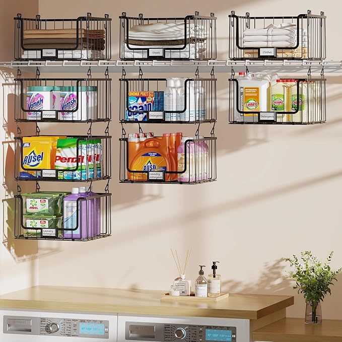 3-Pack Hanging Laundry Organizer, Stackable Wire Shelf Storage with Label Cards, Foldable Metal Baskets with 360Â°Rotating Hooks,Space-Saving for Laundry Room, Closet & Pantry, 11"Ã15" Large,Black