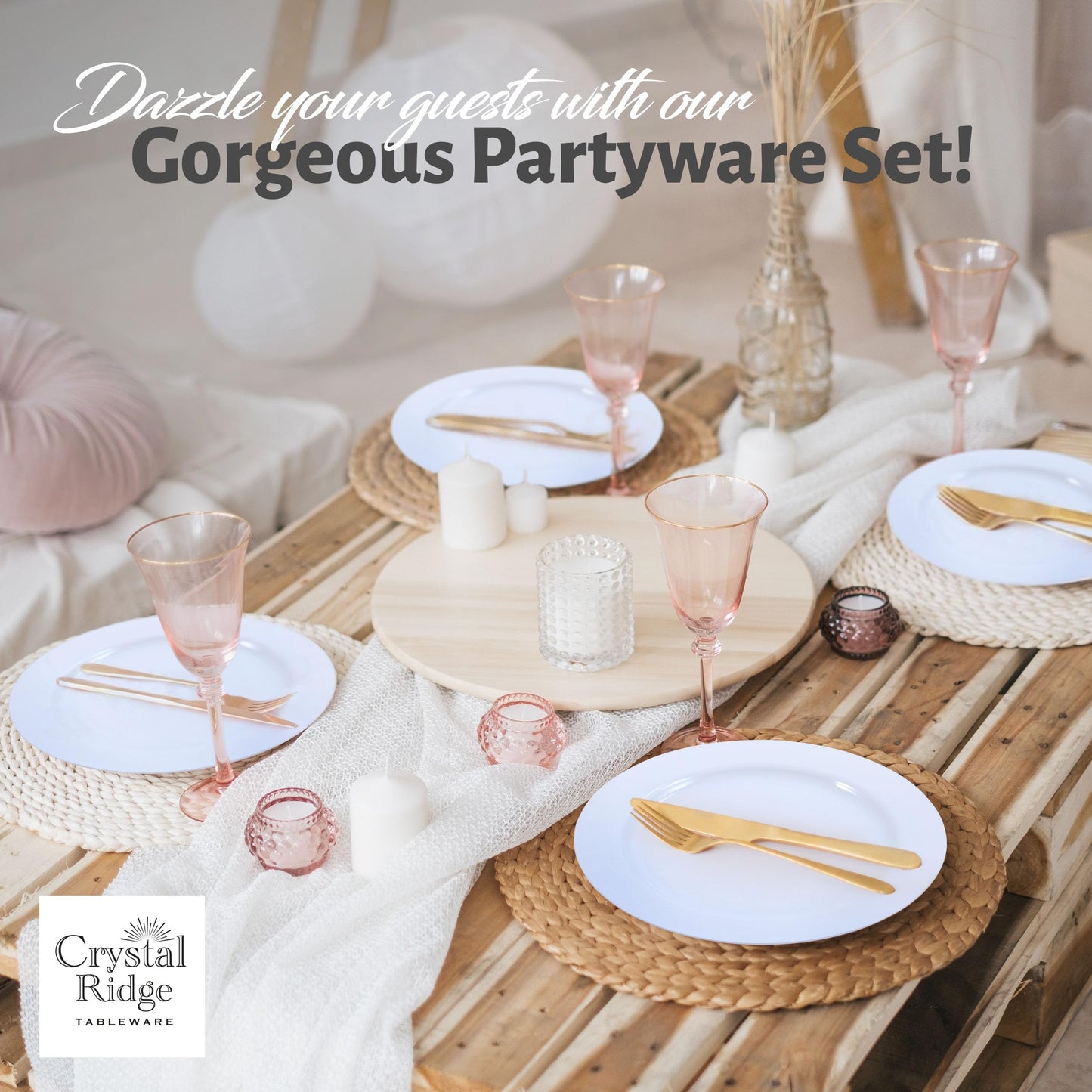 Crystal Ridge Tableware 120-Piece Plastic Plates Set Premium 60 Dinner Plates & 60 Salad Plates Pack, Disposable Plates for Party - White Plastic Wedding Plates with White Rim