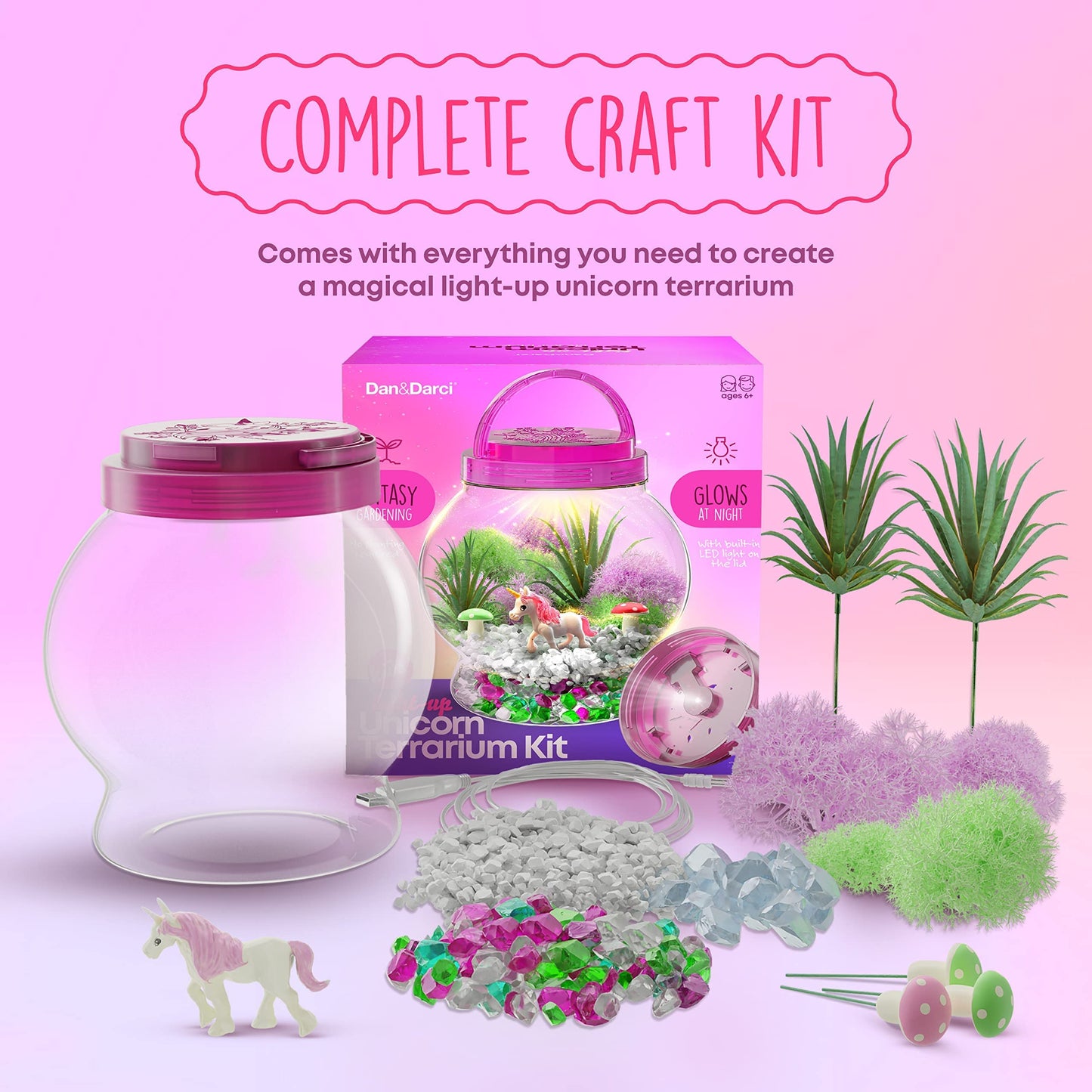 Dan&Darci Light-Up Unicorn Terrarium Kit for Kids - Kid Birthday Gifts - Best Unicorn Toys & Activities Kits Presents - Arts & Crafts for Little Girls & Boys Age 4 5 6 7 8-12 Year Old Girl Gift