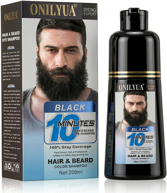 Mens Beard & Mustache Dye Shampoo, Instant 100% Grey Hair Coverage, 3 in 1 Black Beard Color Shampoo for Men Facial Hair, Easy to Use & Dermatologist Tested, 200ML