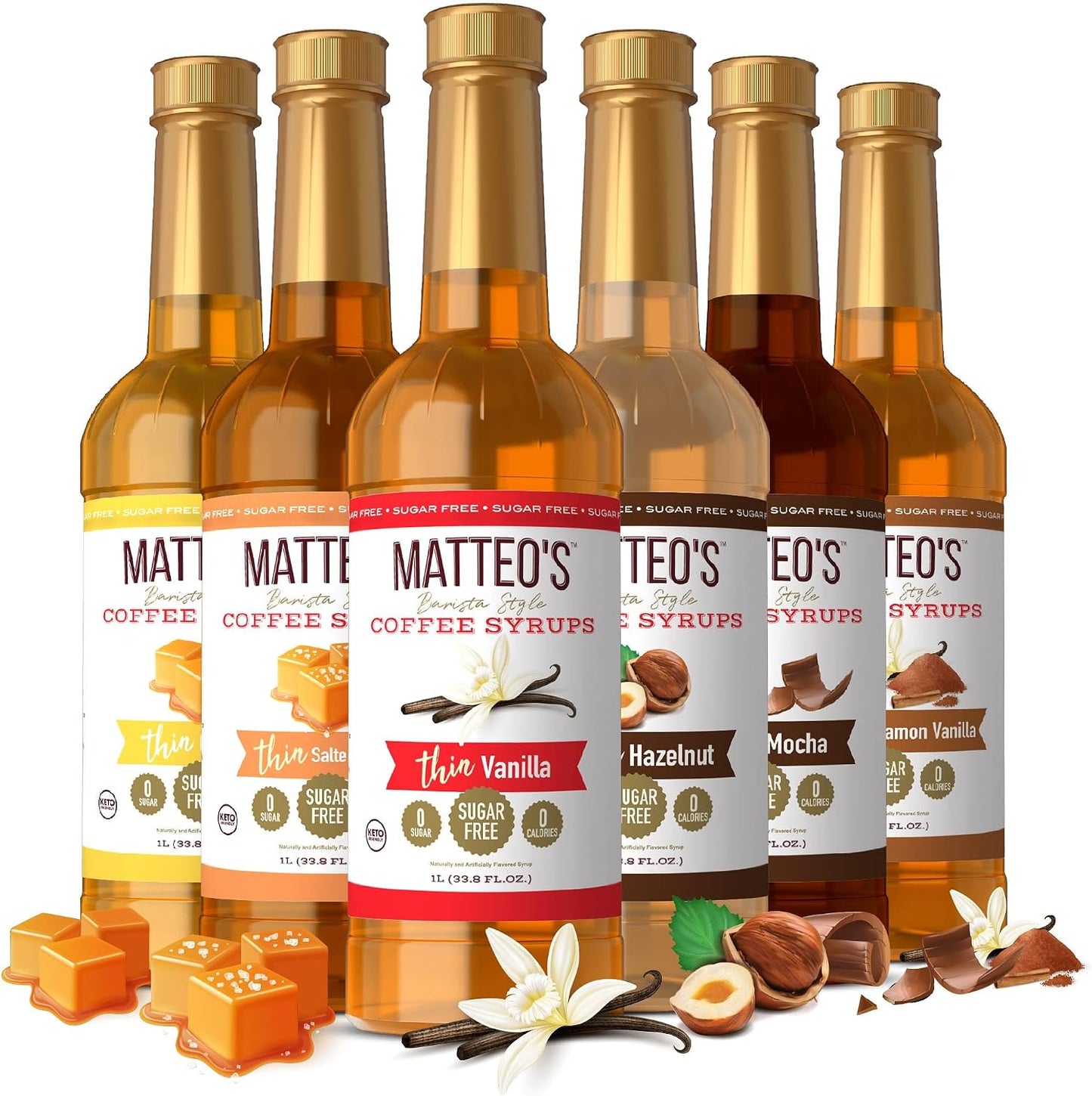 Matteo's Barista Style Sugar-Free Coffee Syrup, 6 Flavour Variety Pack, Zero Calories and Sugar, Keto-Friendly Coffee Syrups, Delicious Flavoured Coffee Syrup - 33.8 oz Syrup Bottles