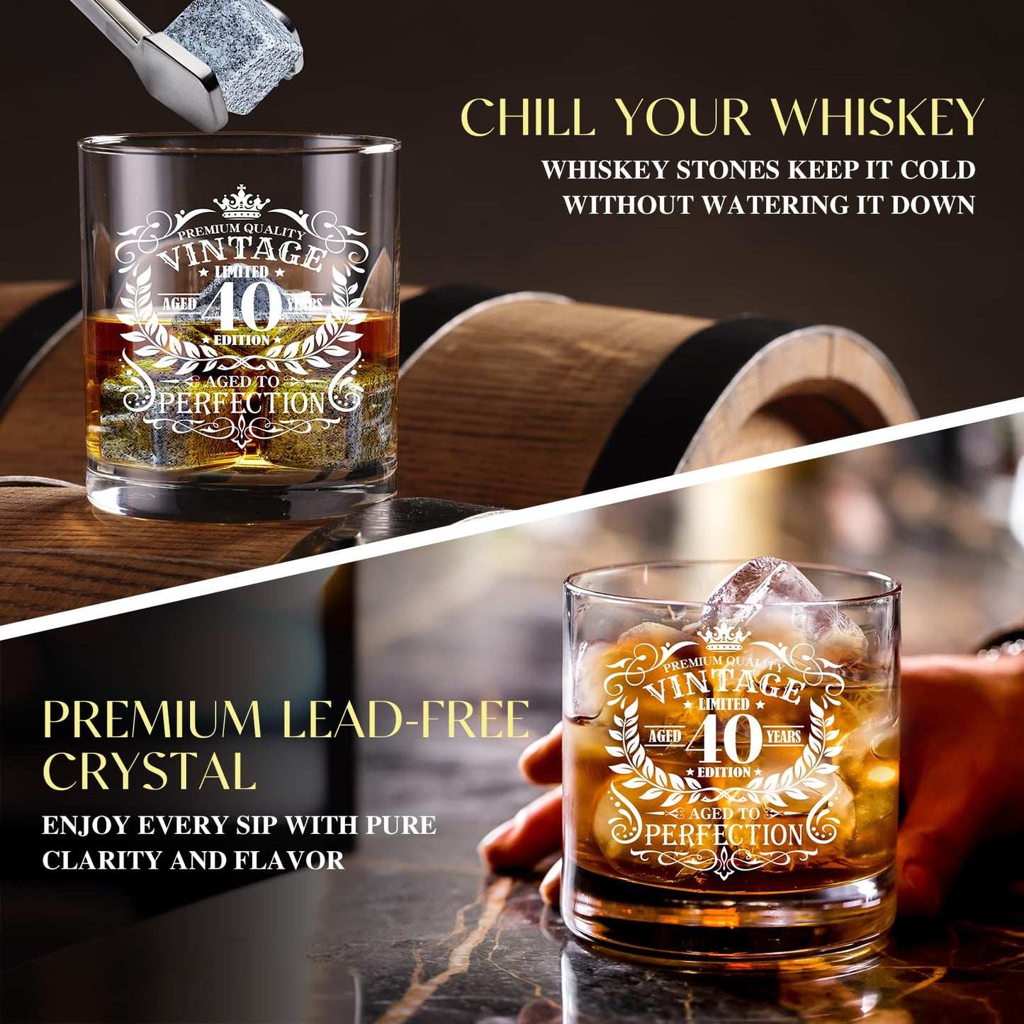 40th Birthday Gifts for Men Whiskey Glass Set, 40th Birthday Party Supplies with 11 Oz Whiskey Glass Coaster Stone Baseball Cap Apron Sock Funny Toliet Paper Keychain for Him, Dad, Husband, Friends