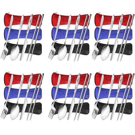 Arroyner 6 Pack Reusable Flatware Sets Knife, Fork, Spoon, Chopsticks, 24Pcs Portable Travel Stainless Steel Tableware Dinnerware with Carrying Case