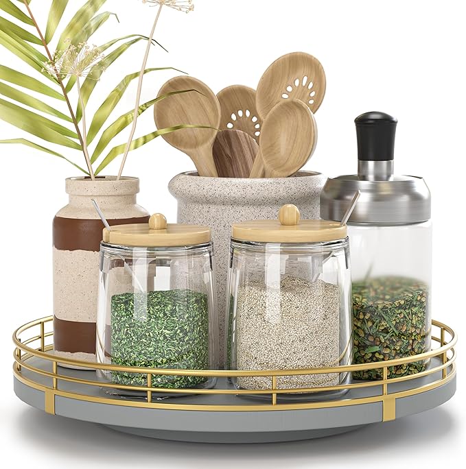 9" Wooden Lazy Susan Turntable for Cabinet â Rotating Spice Rack Organizer, Small Gray Kitchen Countertop Tray for Dining Table & Pantry Storage