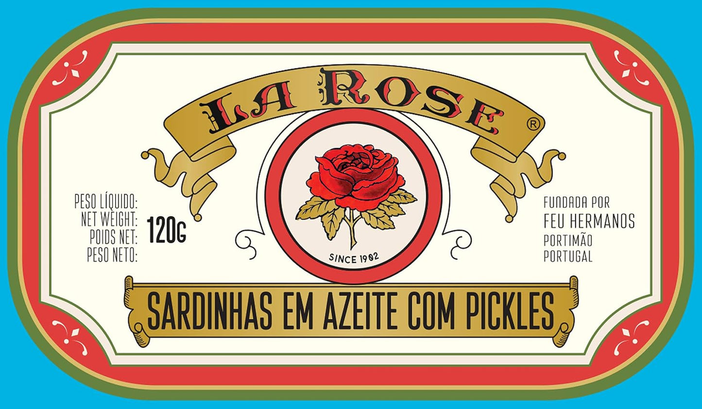 La Rose from Portugal - Gourmet Canned Sardines in Olive Oil with Pickes - 4.23oz / 120gr (Pack of 5 cans)