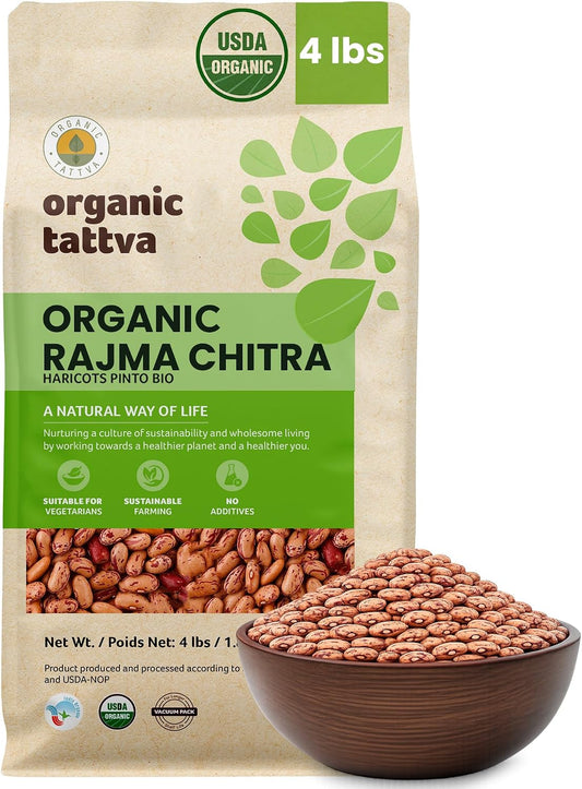 Organic Tattva Light Red Kidney Beans 4LB,Dried & Unpolished Pinto Beans, Rajma Chitra, High Protein Plant Based Nutrition, Vegan, Kosher, No Additives, Gluten Free, USDA Certified