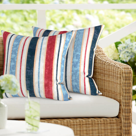 DYTXIII Pack of 2 Outdoor Waterproof Pillow Covers ONLY, 18"x18" Square Decorative Double Printed Throw Pillow Cases for Patio Couch Porch Furniture, Stripe Red Blue