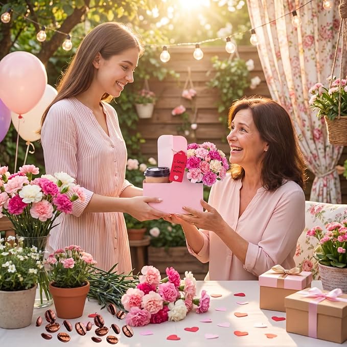 MotiMind 100 Pack Mother's Day 2 Cup Drink Carrier with Handle, Kraft Paperboard Teacher Cup Holder Portable for Hot Cold Drinks, Coffee Carrier Gift with Heart Card Rope (Pink)