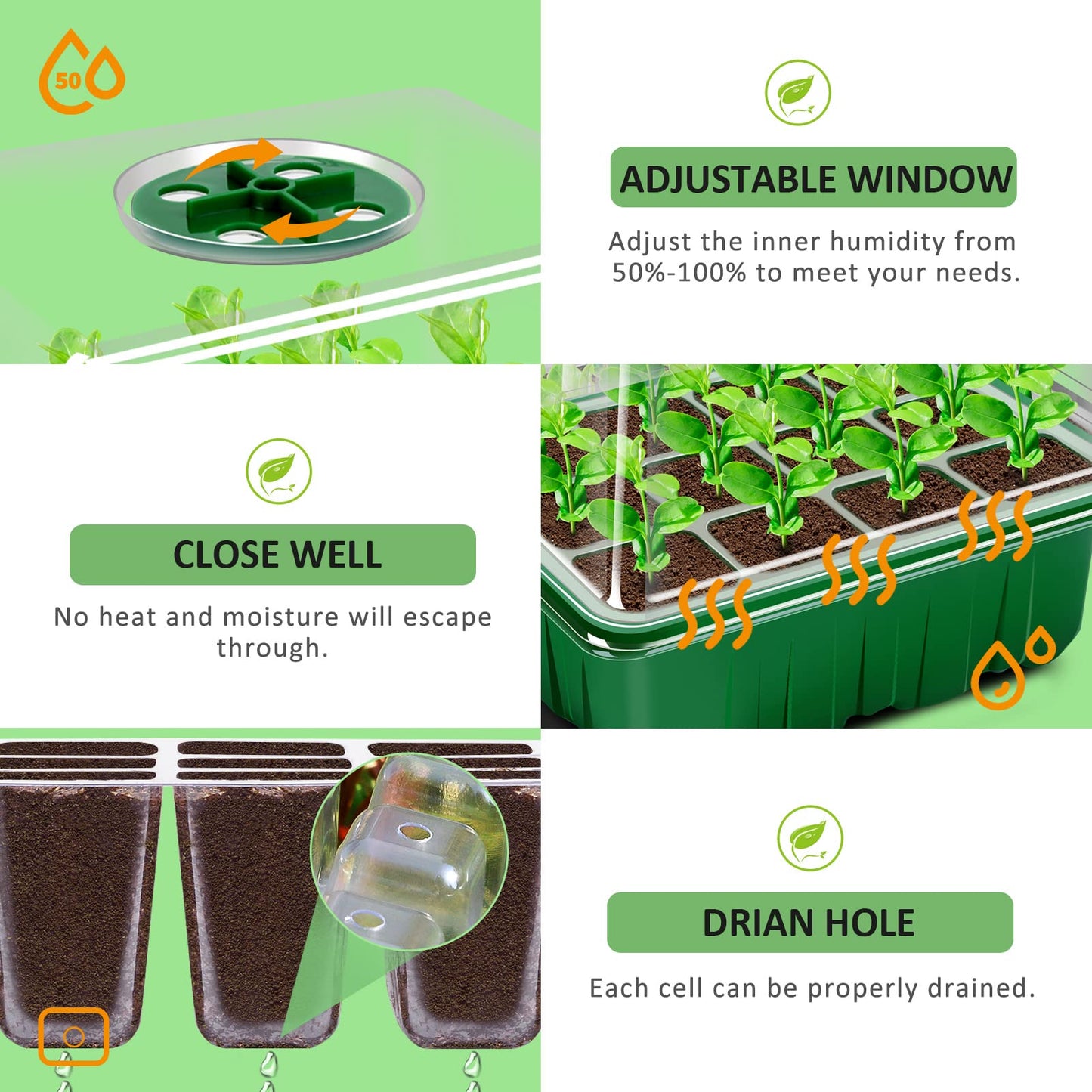 YAUNGEL Seed Starter Tray, 10 Pack 120 Cells Thicken Seed Starter Kit with Heightened Lids Humidity Dome Seedling Starter Trays for Indoor Gardening Plant, Green