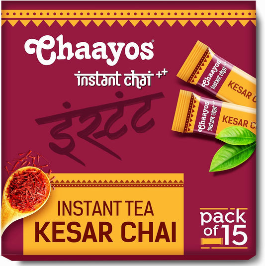 Chaayos Instant Saffron Tea Premix - Kesar Chai Tea Latte Mix | 100% Natural Saffron | Saffron Chai Tea | Instant Powdered Mix | Chai Tea Powder | Instant Tea Premix | Masala Saffron Chai Tea | Contains Regular Sugar - 15 Sachets