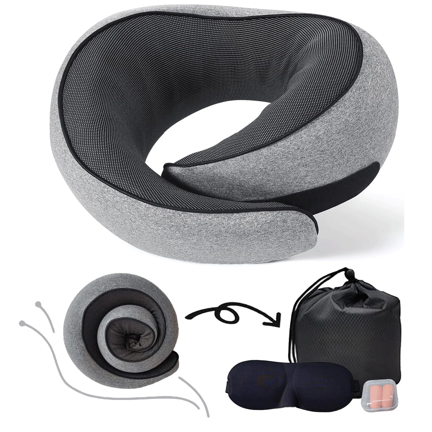 Neck Pillow for Traveling, Travel Neck Pillow for Airplanes, 100% Pure Memory Foam, 360Â° Support Stowable Pillows for Sleeping, Breathable & Washable Cover, Compact for Travel, Car & Office (Gray)