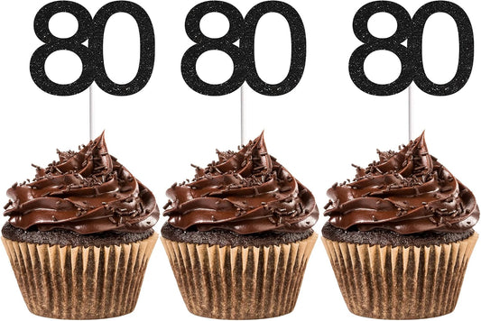 24 PCS 80th Cupcake Toppers - Anniversary or Birthday Cupcake Picks Party Decoration Supplies | Black 80th