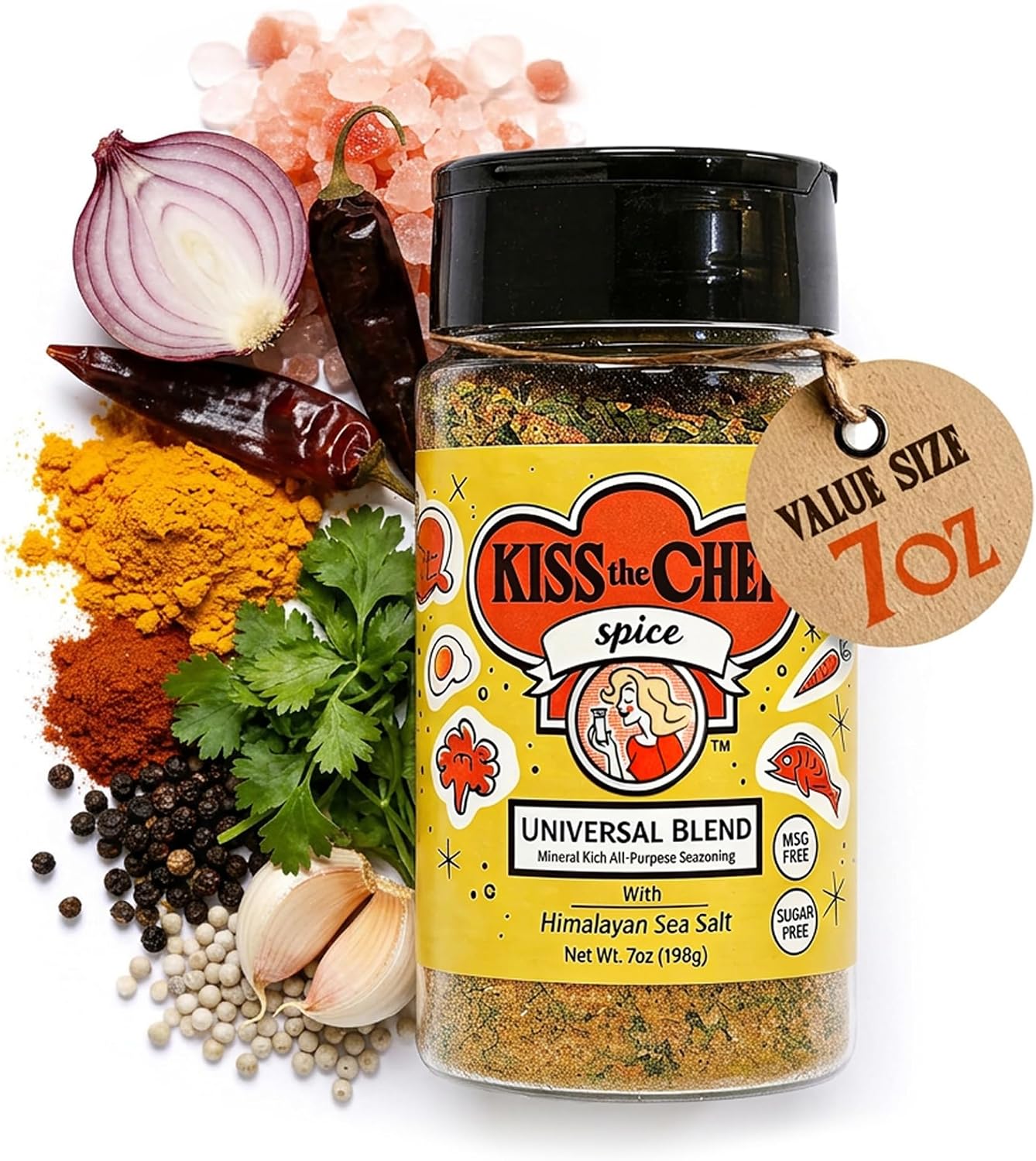 Kiss the Chef Universal Seasoning Blend, 7 oz – All Purpose Seasoning, No MSG, Gluten Free – Works on Chicken, Eggs, Vegetables & Meat – Replaces Salt & Pepper – Clean Label Spice Blend for Summer Grilling