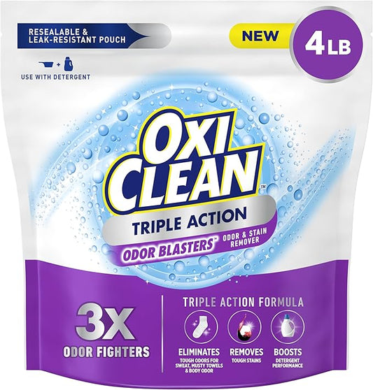 OxiClean Triple Action Odor and Stain Remover Powder, Use with Detergent, Eliminates Tough Odors and Removes Stains, Color Safe and Chlorine Free, 4 lbs
