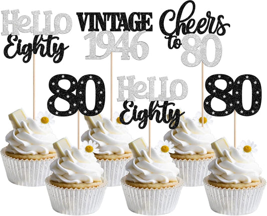 24 PCS Happy 80th Birthday Cupcake Toppers Star 80 Hello Eighty Vintage 1946 Cupcake Picks Cheers to 80 Birthday Decorations for him 80th Birthday Anniversary Party Cake Decorations Supplies Silver