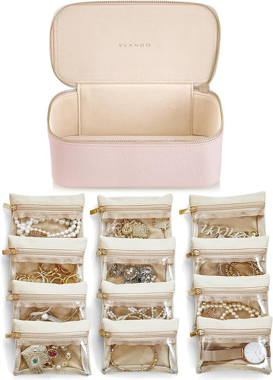 Vlando Jewelry Box with 12 Velvet Jewelry Bags Travel Jewelry Case for Girls Jewelry Organizer for Travelers Birthday Christmas Gift Ideas for Women (Pink)