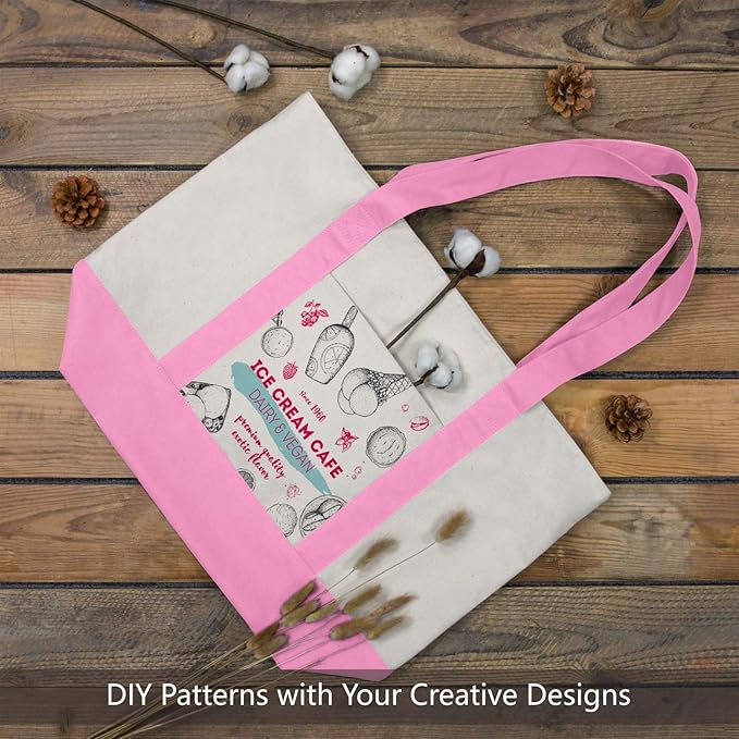 TOPDesign 3-Pack Canvas Tote Bags with an External Pocket, Reusable Grocery Shopping Bags, Top Zipper Closure, Daily Essentials (Pink/Natural)