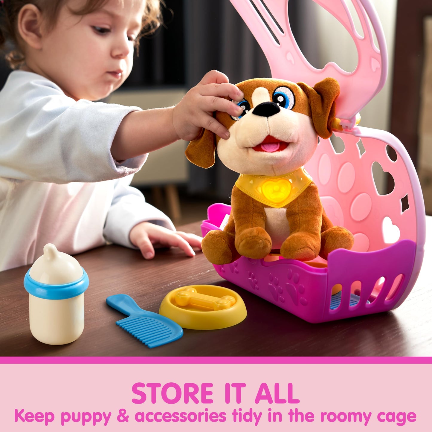 JOYIN Toy Dog for Toddlers, Play Puppy Toy with Carrier & Accessories, Plush Dog with Interactive Button, Lights & Sounds, Pet Care Set for Kids 1 2 3 4 Years Old, Birthday Gifts for Girls