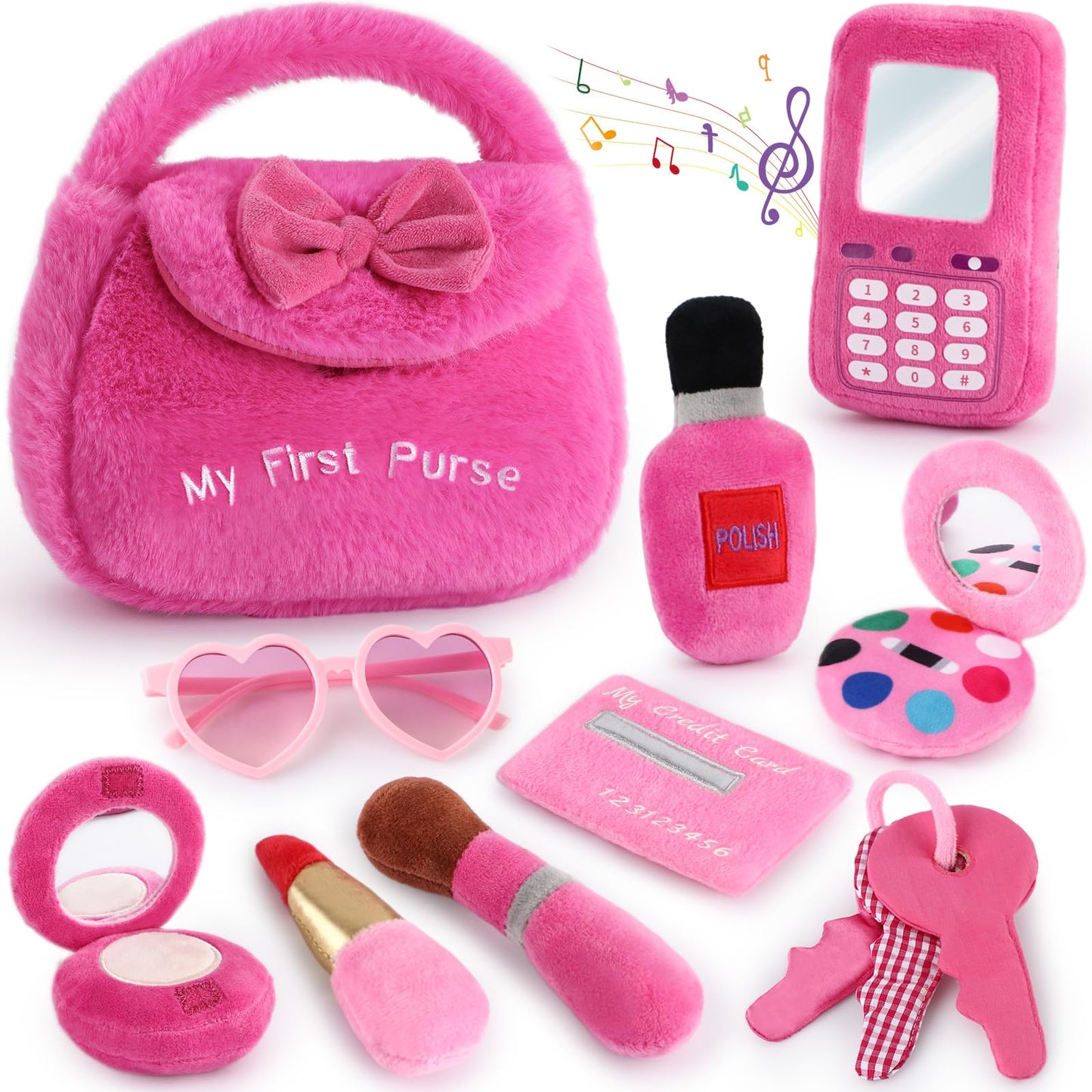 Golray Plush Toddler Purse Baby Girl Pretend Play Toy - 10 Pcs My First Purse with Soft Sensory Toy Smartphone/Crinkle Makeup Beauty Playset for Toddler Baby Girl Christmas Birthday Gift Ages 3 4 5