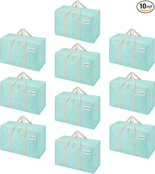 VENO 10 Pack Moving Bags, Heavy Duty, Moving Boxes Alternative, Packing Storage Supplies, Dorm Room Essentials with Zipper for Clothes, Extra Large Packaging Totes (Evergreen, 10 Pack)