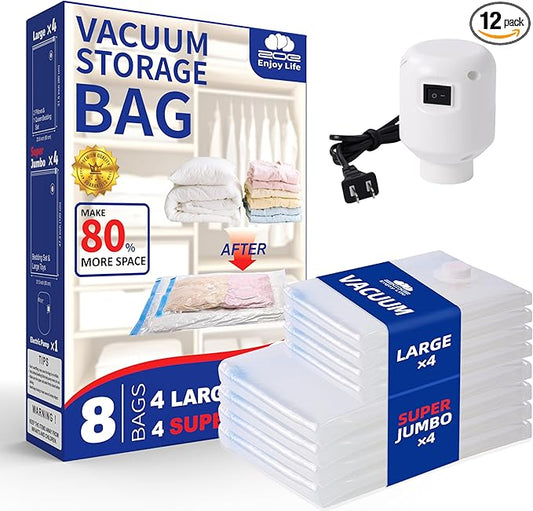 Vacuum Storage Bags with Electric Pump,8 Pack Extra Large Space Saving Vacuum Seal Bags for Bedding,Blankets,Comforters,Duvets,Pillows(4 Large+4 Super Jumbo)