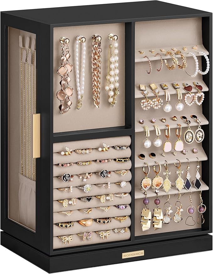 SONGMICS Jewelry Box 360Â° Rotating, Jewelry Storage Case with 7 Drawers, Jewelry Organizer, Glass Window, Spacious, Vertical Jewelry Storage, Open Design, Great Gift, Ink Black UJBC201B01