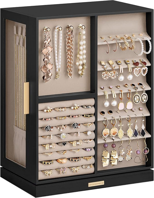 SONGMICS Jewelry Box 360Â° Rotating, Jewelry Storage Case with 7 Drawers, Jewelry Organizer, Glass Window, Spacious, Vertical Jewelry Storage, Open Design, Great Gift, Ink Black UJBC201B01