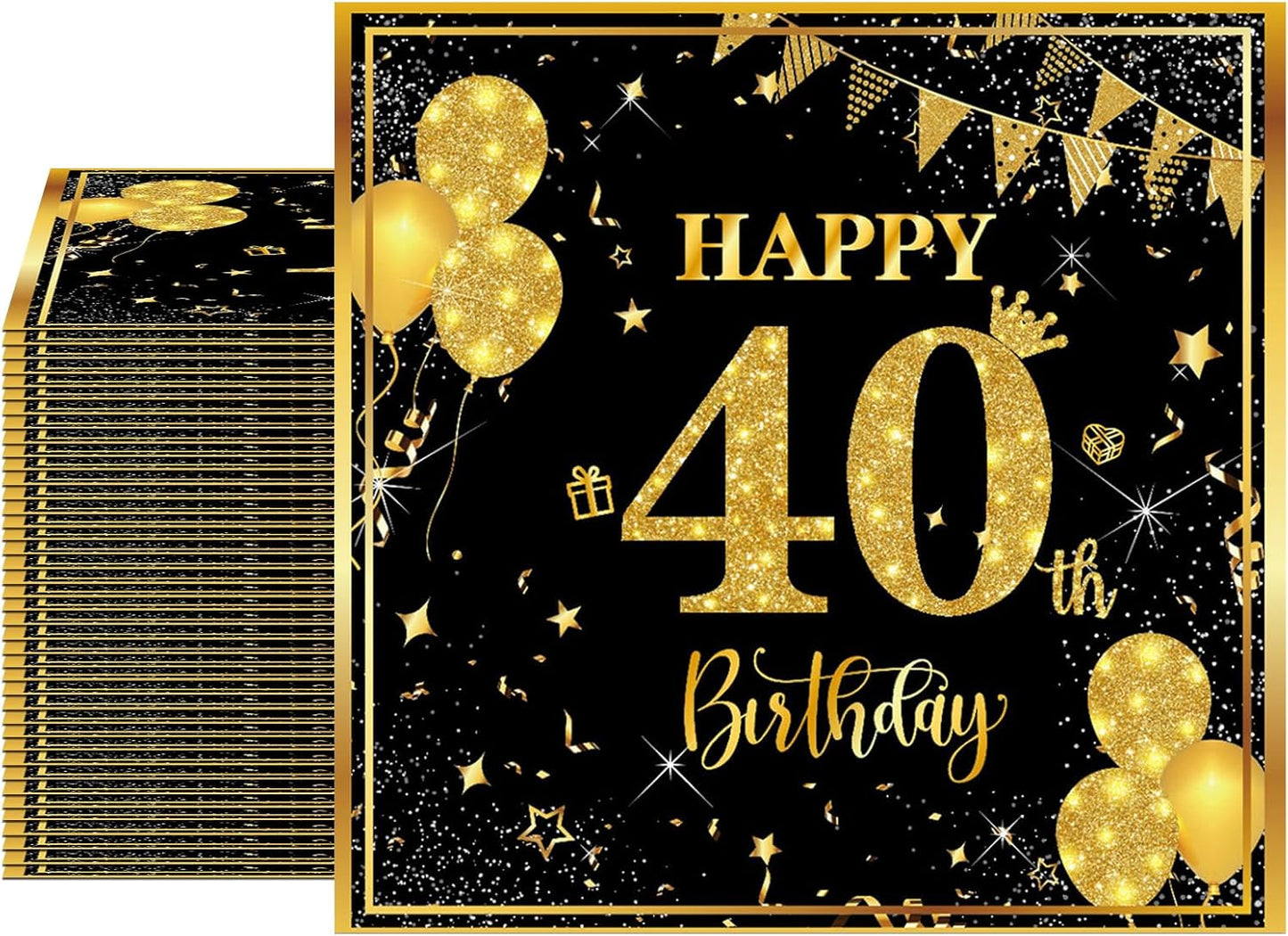 40 Pack 40th Birthday Napkins Black and Gold Glitter - 2-Ply Disposable 6.5x6.5 Inches 40th Party Supplies & Tableware