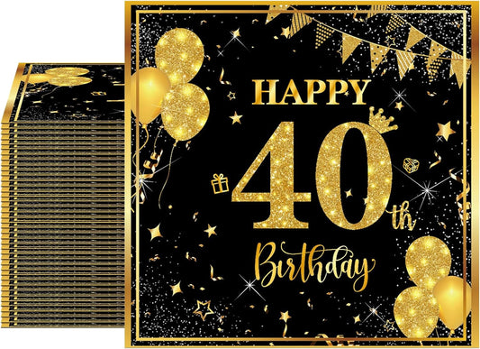 40 Pack 40th Birthday Napkins Black and Gold Glitter - 2-Ply Disposable 6.5x6.5 Inches 40th Party Supplies & Tableware