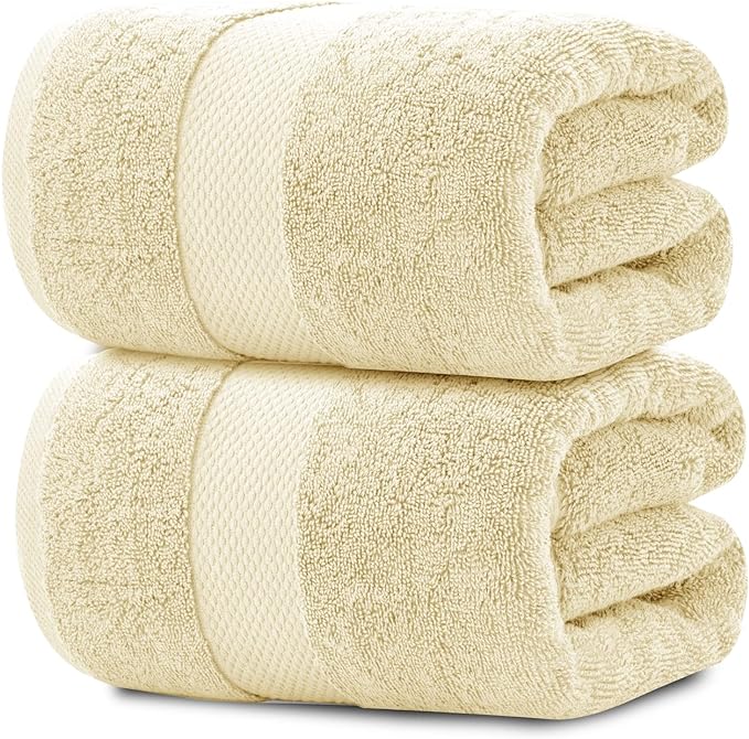 White Classic Luxury Soft Beige Bath Sheet Towels - 650 GSM Cotton Luxury Bath Towels Extra Large 35x70 | Highly Absorbent and Quick Dry | Hotel Collection Extra Large Bath Towels Oversized, 2 Pack