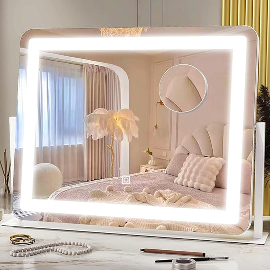 HNV 22"x17" Vanity Mirror with Lights, LED Makeup Mirror with 3 Color Modes & Dimmable Touch Control, 360Â° Rotation, Aluminum Frame, Large Lighted Mirror for Bedroom or Dressing Table