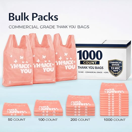 PINK Thank you bags, 200PCS T shirt bags, To Go Bags,Grocery bags, Reusable and Disposable,Perfect for Small Business,Take Out,Retails,11 inchx6 inchx21 inch(200),Large