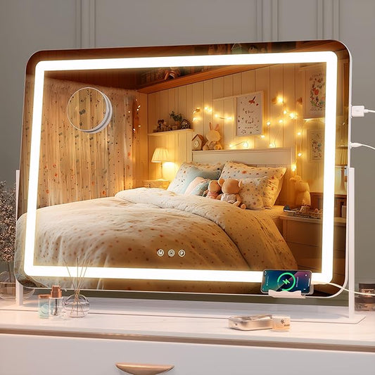 Hasipu Extra Large LED Vanity Mirror 30"x21" - Light up Makeup Mirror with 10X Magnification, Phone Holder, USB Charging & Smart Touch 3-Color Lighting (White)