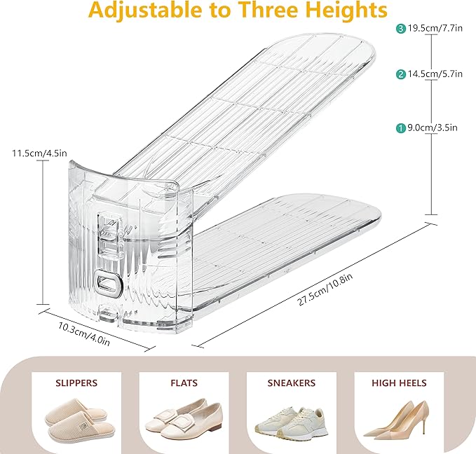 Clear Shoe Slots Organizer for Closet, 20-Pack Adjustable Shoe Stacker & Space-Saving Shoe Storage for a Variety of Spaces, Double Deck Organizer (Transparent)