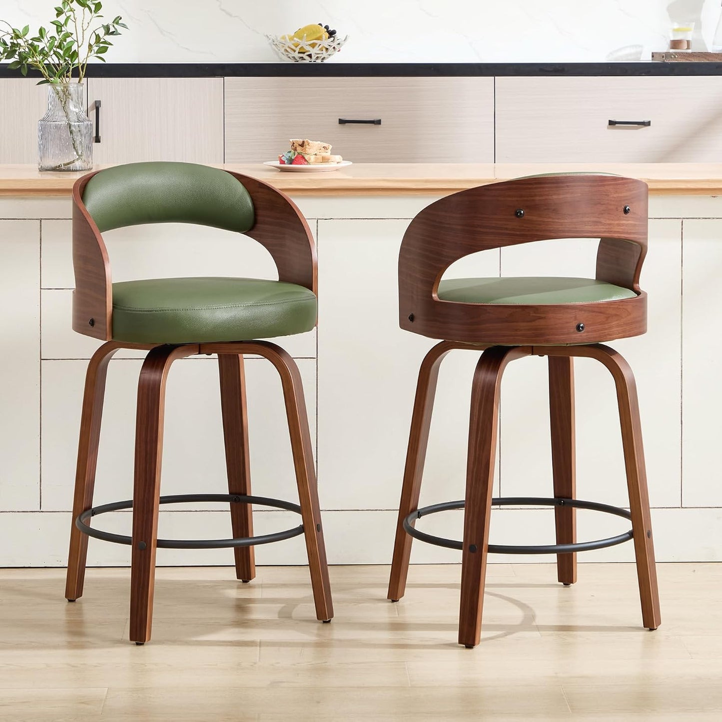 Swivel Bar Stools Set of 2,26" Faux Leather Upholstered Counter Height Barstools with Back,Mid-Century Modern Bar Chairs with Bentwood Legs and Footrest for Kitchen Island Bar Counter Green