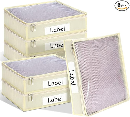 Panelee 6 Pcs 14 x 12 x 3 Inch Sweater Storage Bags Easy Gliding Zippered Sweater Package Organizer Closets Under The Bed Zippered Storage Bags with Label Pocket to Avoid Dust Dirt(Beige)