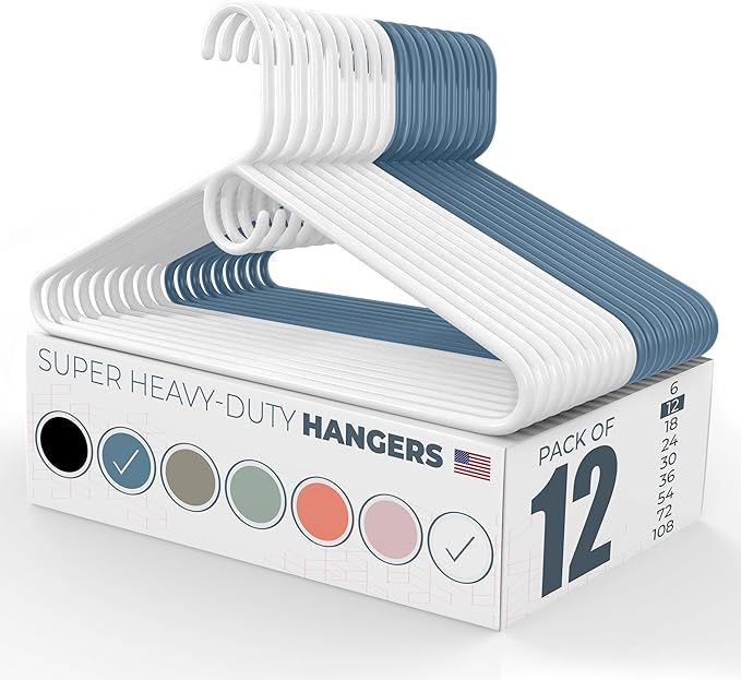 Neaties Super Heavy Duty Clothes Hangers 12 Pack â Made in The USA - 10lb Capacity, Thick Plastic Hangers for Pants, Coats, Jackets, Jeans and Adult Clothing â White & Blue