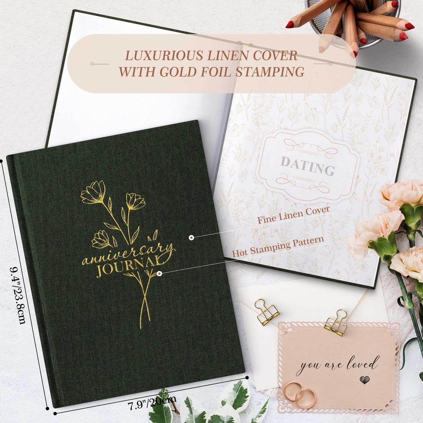 Lanpn Wedding Anniversary Journal Notebook - Linen First Year to 70th Anniversary Scrapbook Memory Book for Couples - Newlywed Marriage Journal Wedding Anniversary Book Gifts (Green, 190 Pages)