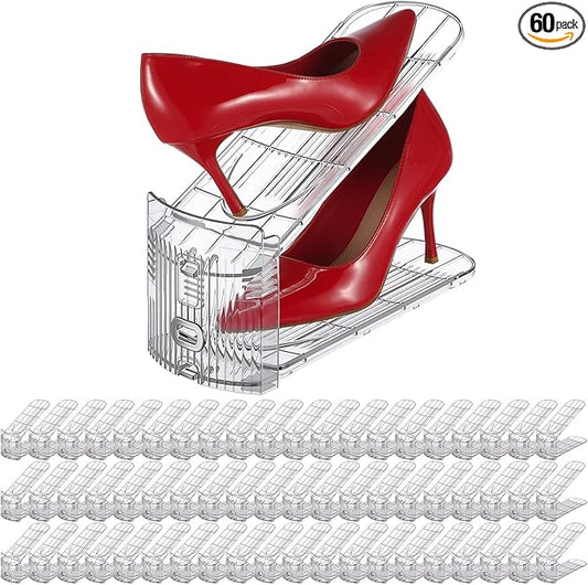 Clear Shoe Slots Organizer with Adjustable Height, Acrylic Closet Stacker Display, Storage Shoe Rack Organizer, Double Layer Holders for Shelf Wardrobe Space Saving(Clear,60 Pack)