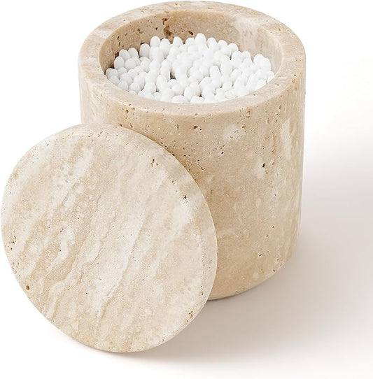 WORHE Travertine Qtip Holder Dispenser with Lid for Cotton Swabs,Balls,Pads,Floss Picks Large Capacity Marble Apothecary Jar for Bathroom Essentials Decor, Vanity Makeup Storage Organizer Beige(WH050)
