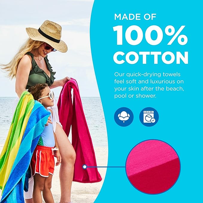 Kaufman - Soft Oversized Beach Towels in Bulk | 29" x 58" Velour Striped Towel | Absorbent, Quick-Drying | 100% Cotton Thick Towels (4 Pack)