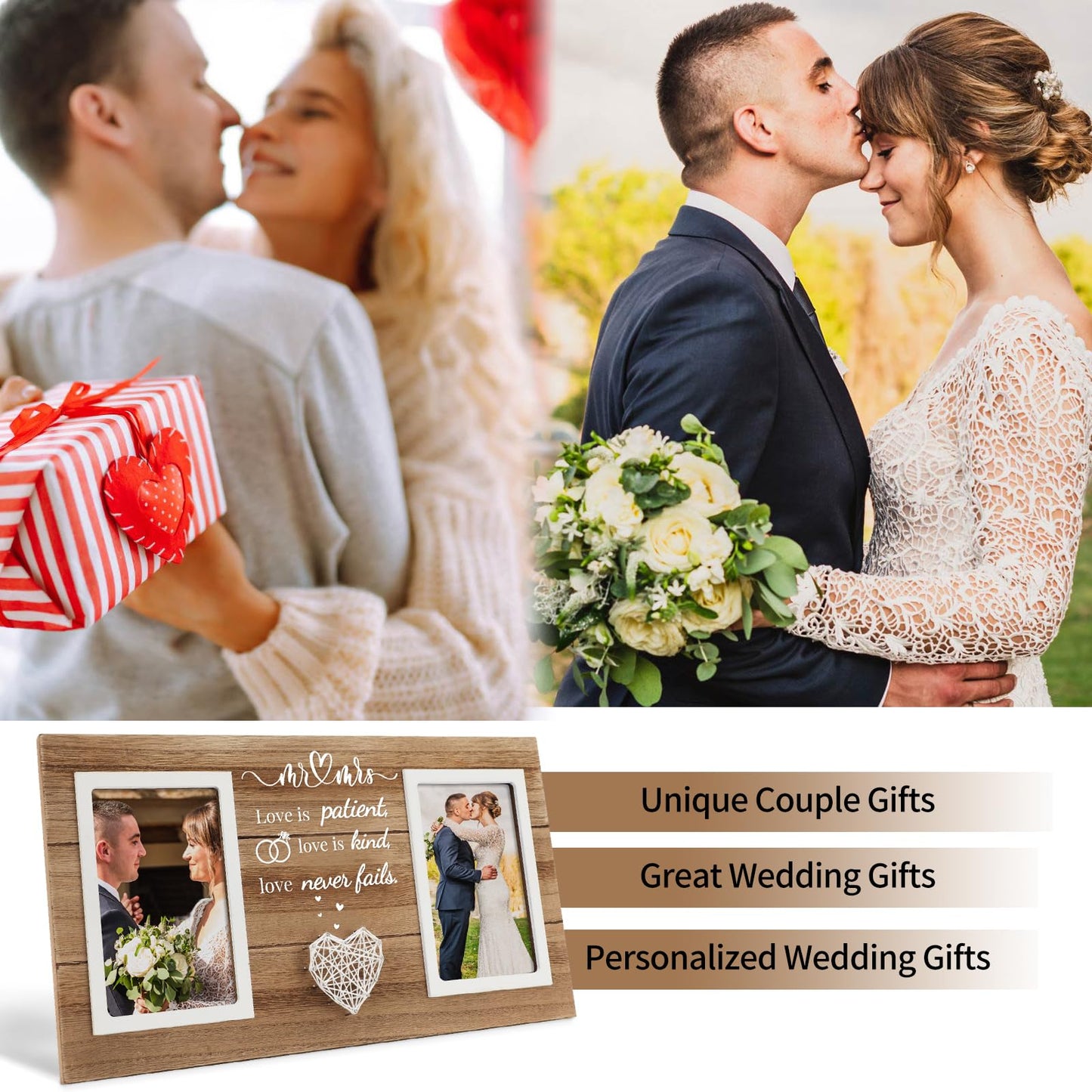 SOUHONEY Wedding Gifts, Bridal Shower Gifts for Bride to Be, Wedding Picture Frame for Couple - Double 4x6 Pictures Frame - Wooden Couples Newlyweds Picture Frame with Heart (Mr Mrs)