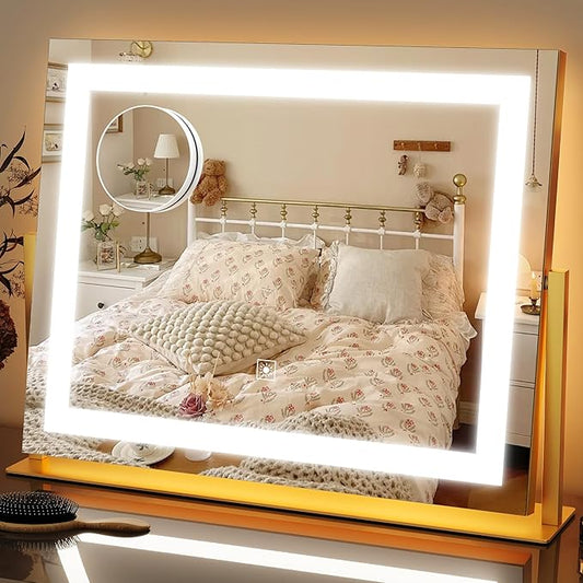 FENNIO Vanity Mirror with Lights 22''x18'' Makeup Mirror with Lights,Lighted Makeup Mirror with 10X Magnification ï¼Smart Touch Screen with 3-Color Lighting,Dimmableï¼Square Goldï¼