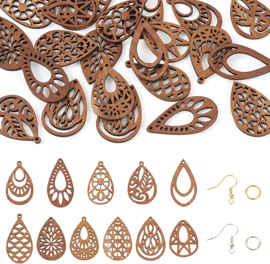 Elecrelive DIY Dangle Earrings Kits 11 Pairs Teardrop Walnut Wood Pendants Natural Wood Earring Blanks with Hooks for DIY Craft Jewelry Making