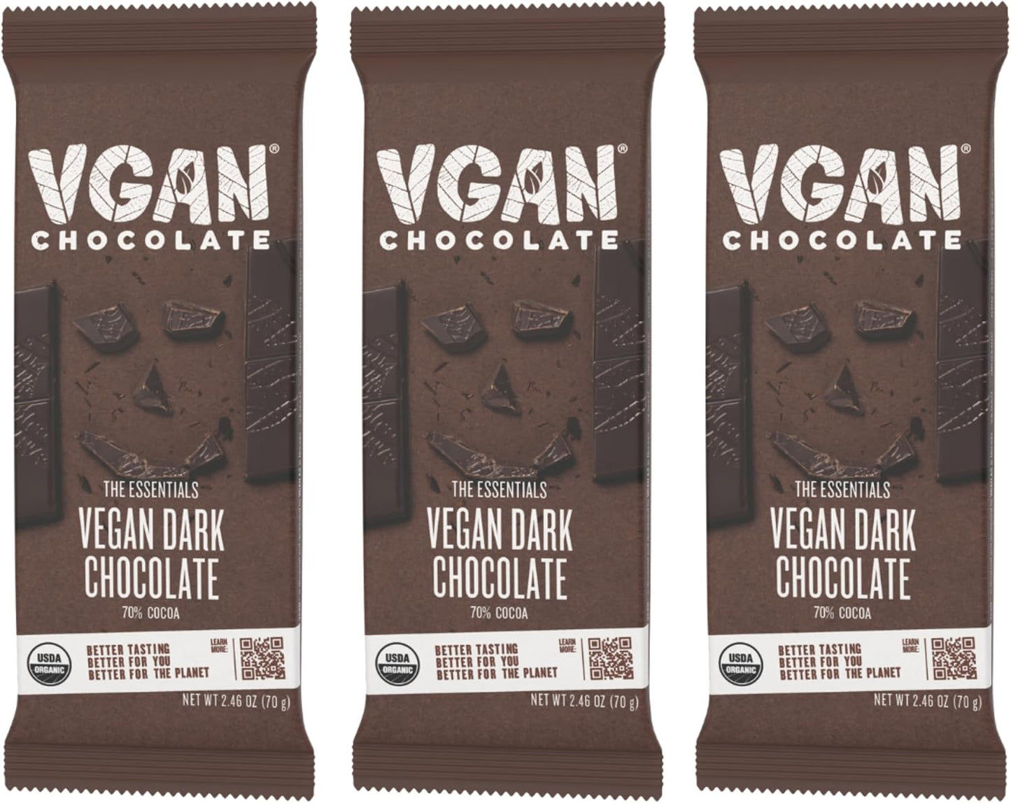 VGAN Vegan Chocolate Bars, Gluten Free Snacks, Plant Based, Soy and Dairy Free, Organic Ingredients, Cruelty Free, Kosher, and Non GMO, Dark Chocolate, 3 Pack