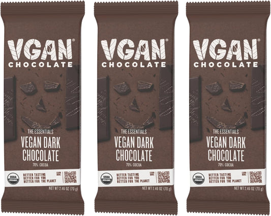 VGAN Vegan Chocolate Bars, Gluten Free Snacks, Plant Based, Soy and Dairy Free, Organic Ingredients, Cruelty Free, Kosher, and Non GMO, Dark Chocolate, 3 Pack