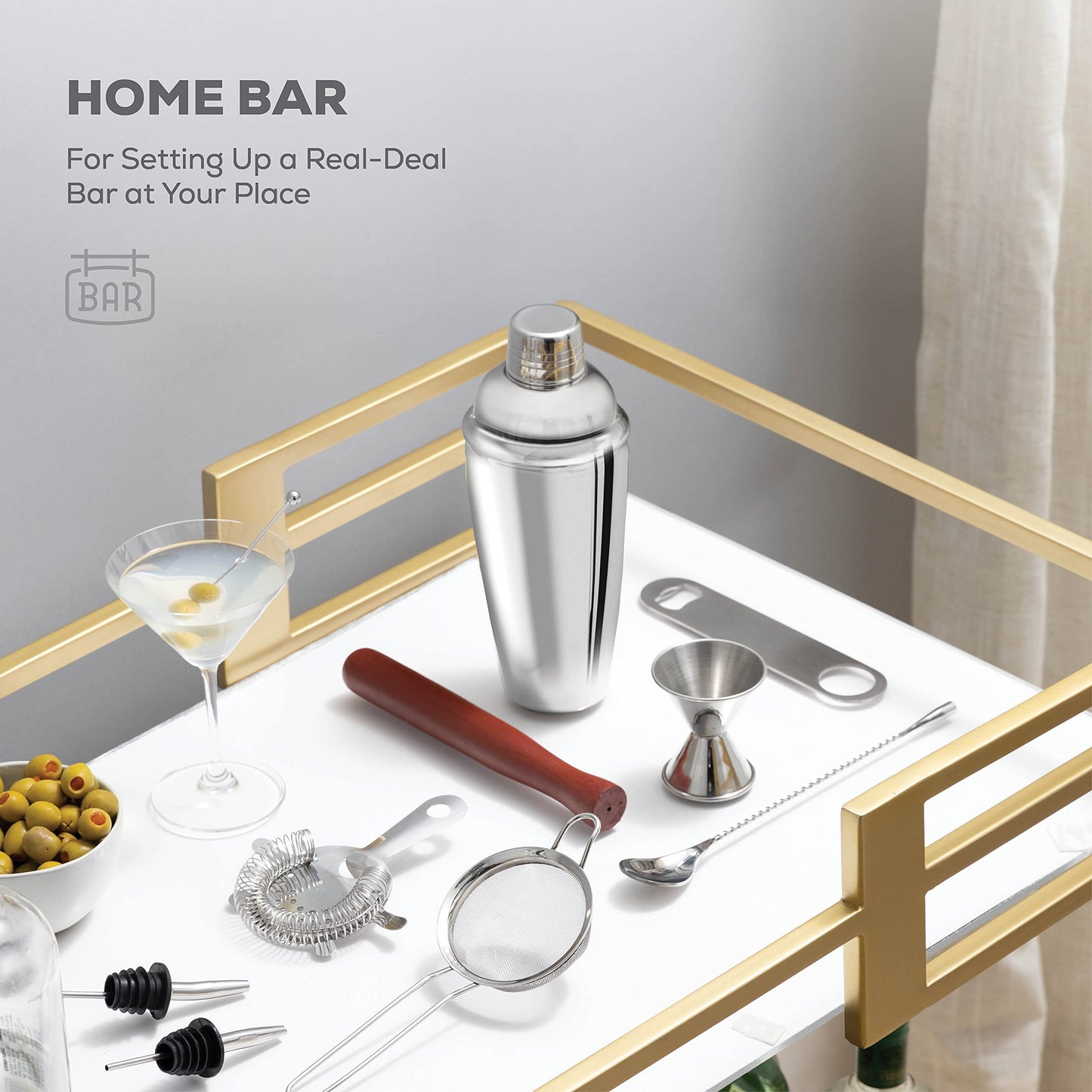 FineDine 10-Piece Cocktail Shaker Set with Travel Bag - Stainless Steel Shaker Set Bartender Kit - Mixology Bartender Kit - Strainer, Muddler, Jigger, Bar Spoon, Bottle Opener, Pour Spouts - Bar Set