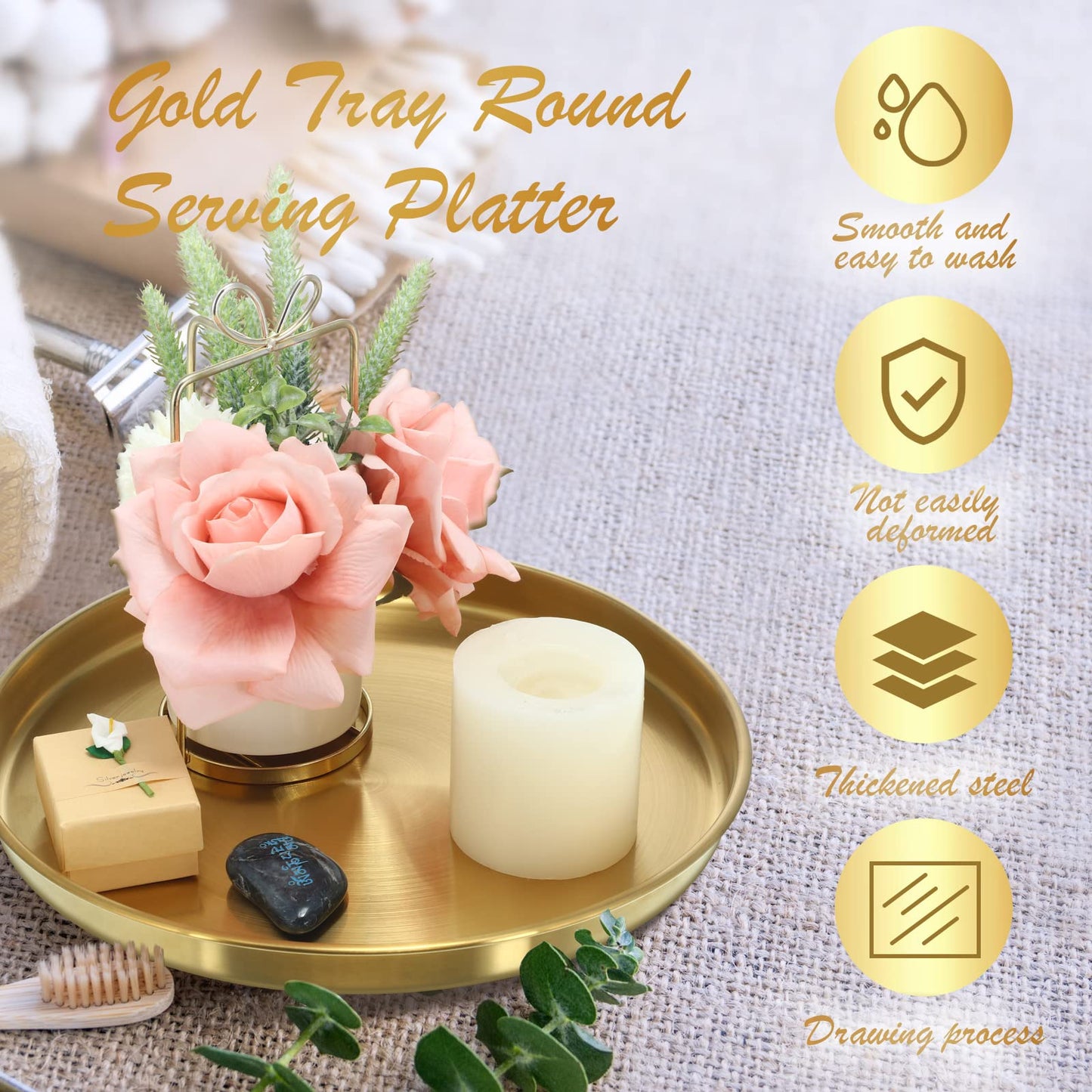 Thenshop 3 Pcs 12 Inch Gold Round Serving Tray Stainless Steel Circle Decorative Vanity Gold Plate Metal Jewelry Makeup Organizer Dishes for Gift Wedding Coffee Table Bathroom Dessert Christmas