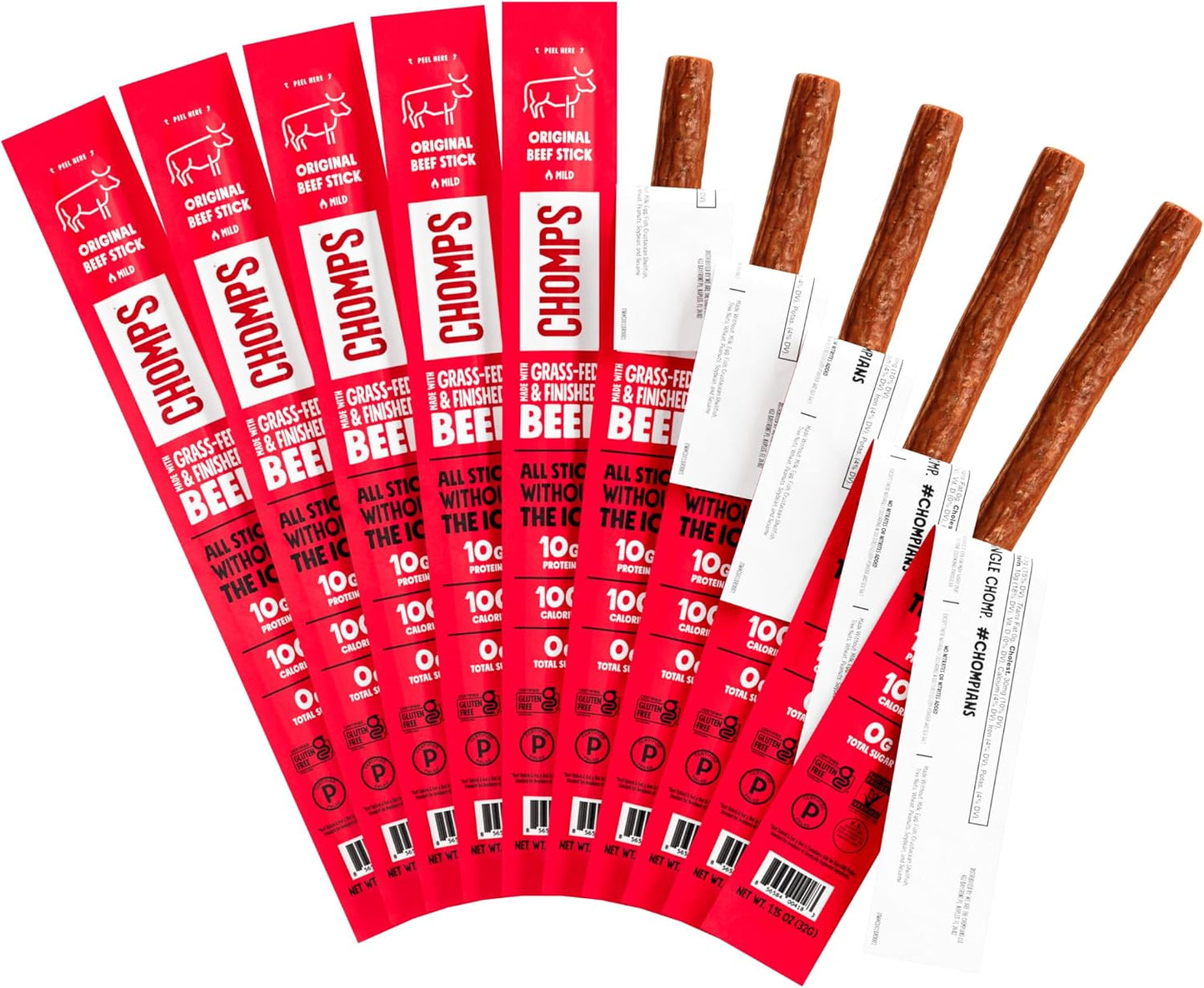 Chomps Grass-Fed and Finished Original Beef Jerky Snack Sticks 10-Pack - Keto, Paleo, Whole30, 10g Lean Meat Protein, Gluten-Free, Zero Sugar Food, Non-GMO